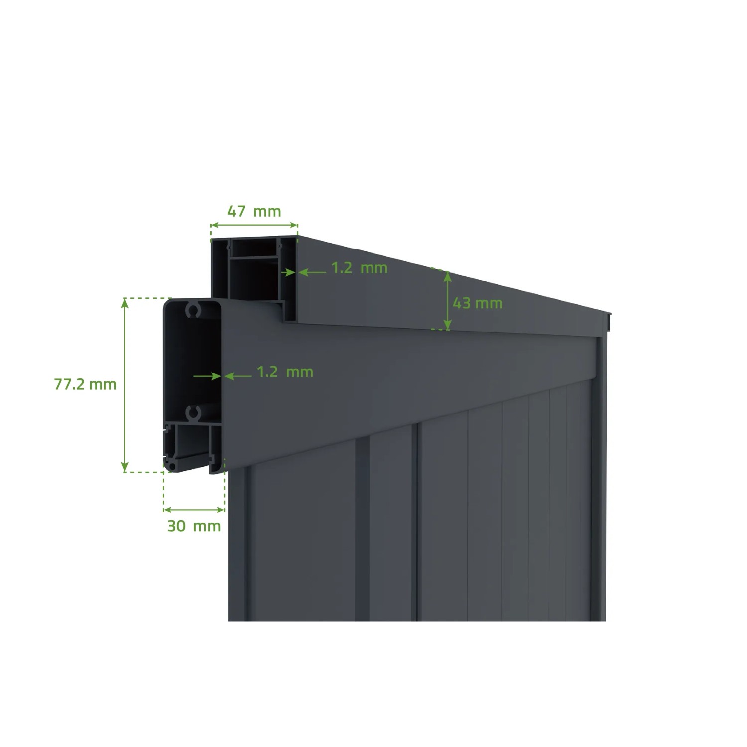 Detailansicht Schiebetor Giona: Graues Aluminiumprofil mit Maßangaben. Gartentor-Komponente.
