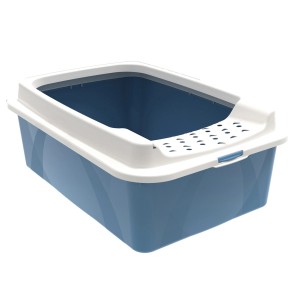 Horizontblaue Rotho Katzentoilette Eco Bonnie Tray M mit weißem Rand und Einstieg von oben.