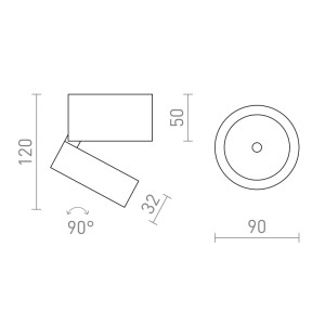 Technische Zeichnung der Rendl Außenleuchte Flavio R. Maße und 90° Kippfunktion des LED Strahlers für Wand-/Deckenmontage.