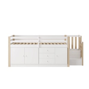 Merax Kinderhochbett 90x200 mit Treppe mit Schubladen Stauschränken mit Wäschestange Weiß