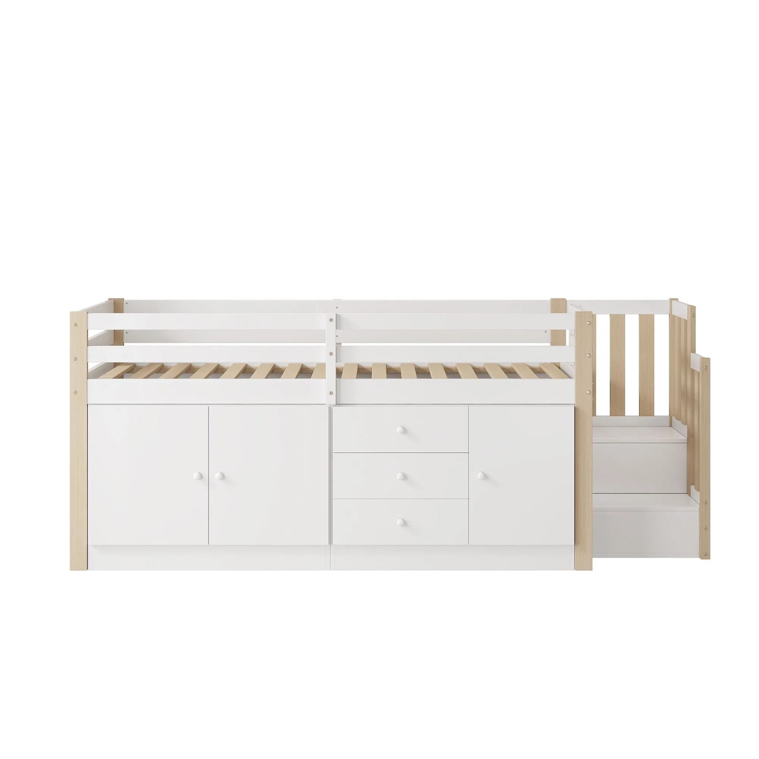 Merax Kinderhochbett 90x200 mit Treppe mit Schubladen Stauschränken mit Wäschestange Weiß