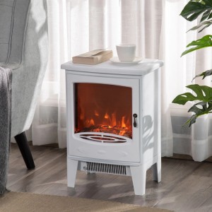 Weißer HOMCOM LED Elektrokamin mit realistischen Flammen, als Beistelltisch genutzt, im Wohnzimmer.
