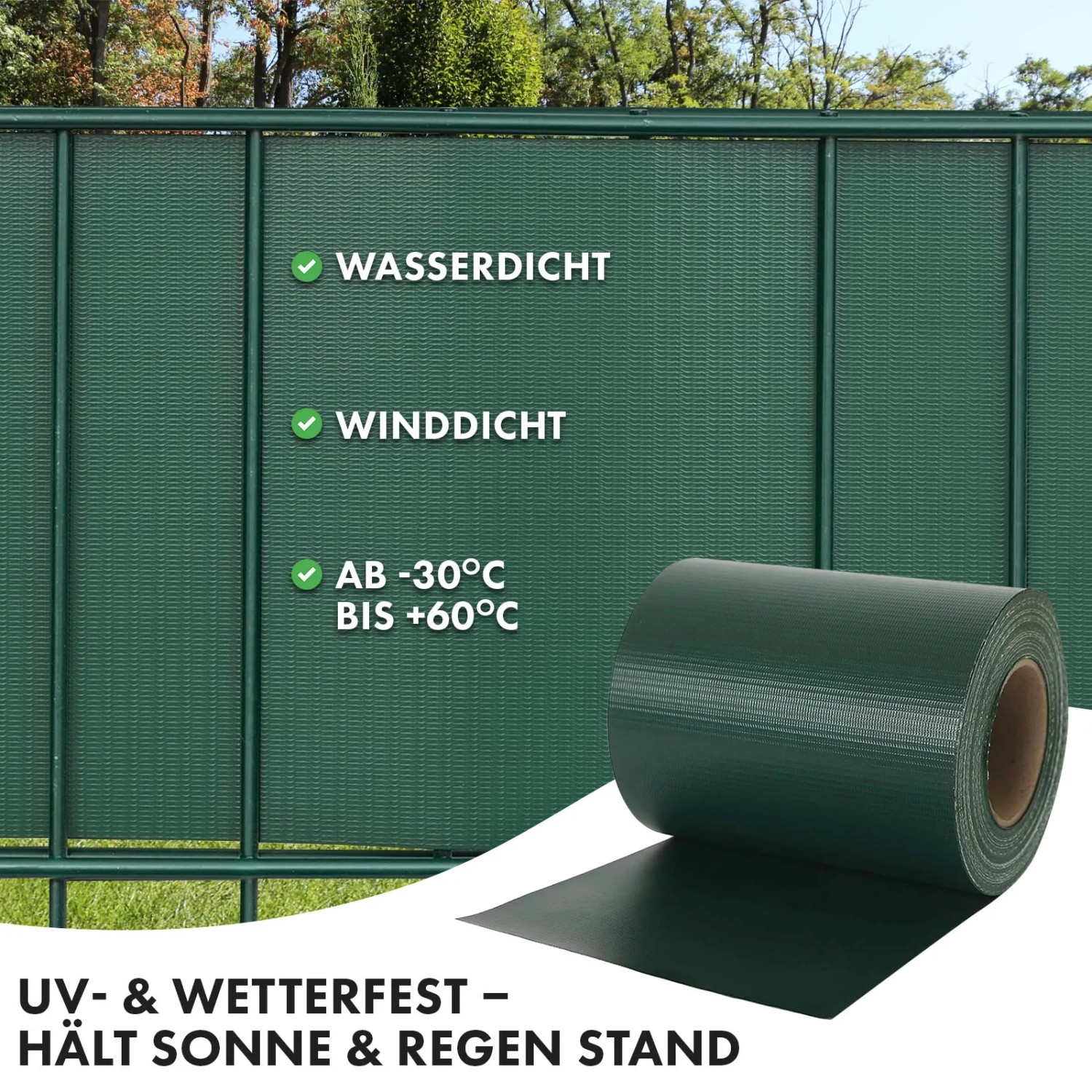 Grüne KARAT PVC Sichtschutzstreifen Rolle vor Gartenzaun zur einfachen Montage.