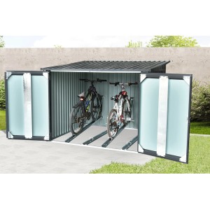 Floraworld Fahrradgarage für 4 Fahrräder, anthrazit, mit geöffneten Türen und zwei Fahrrädern.