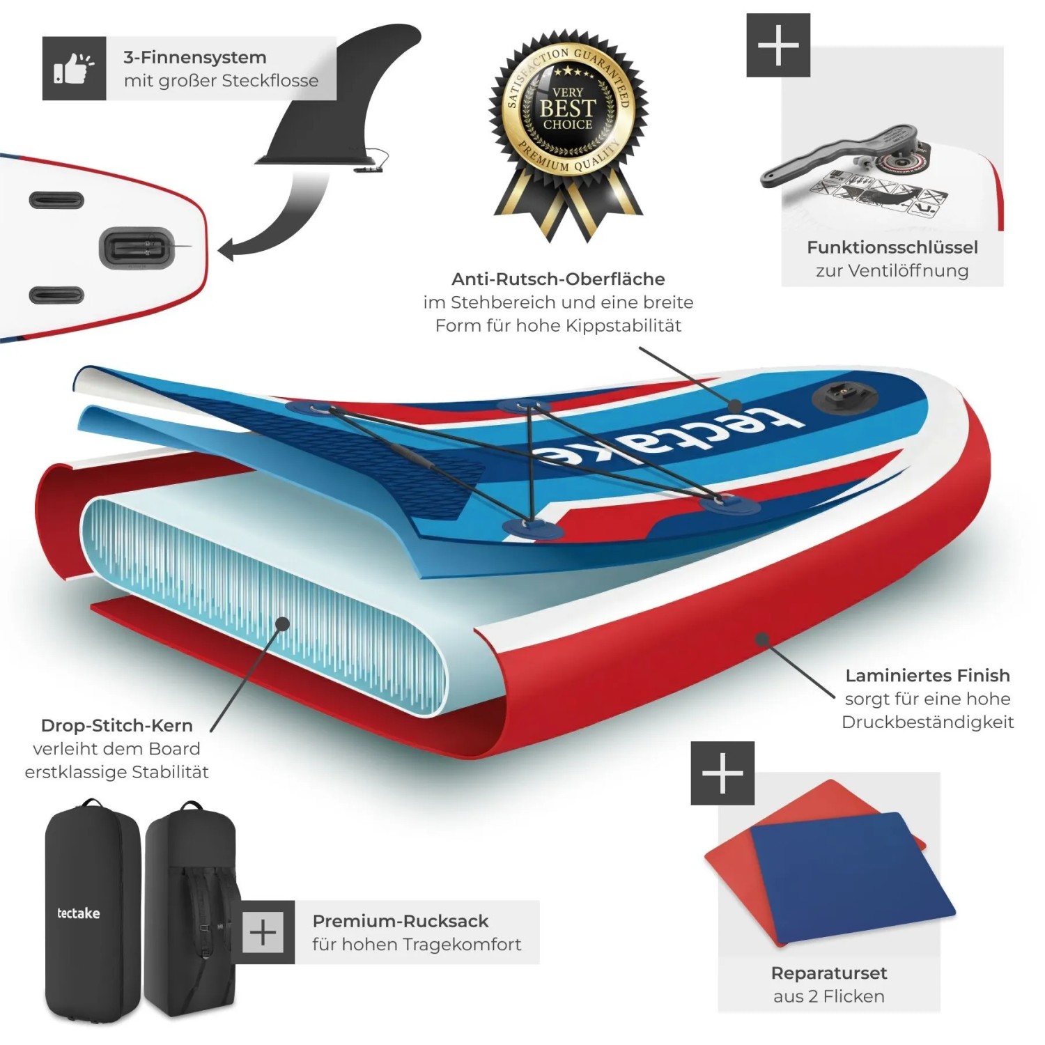 Tectake aufblasbares SUP Poseidon: Drop-Stitch-Kern, Anti-Rutsch-Oberfläche, 3-Finnen-System, Rucksack, Reparaturset. Wassersport.