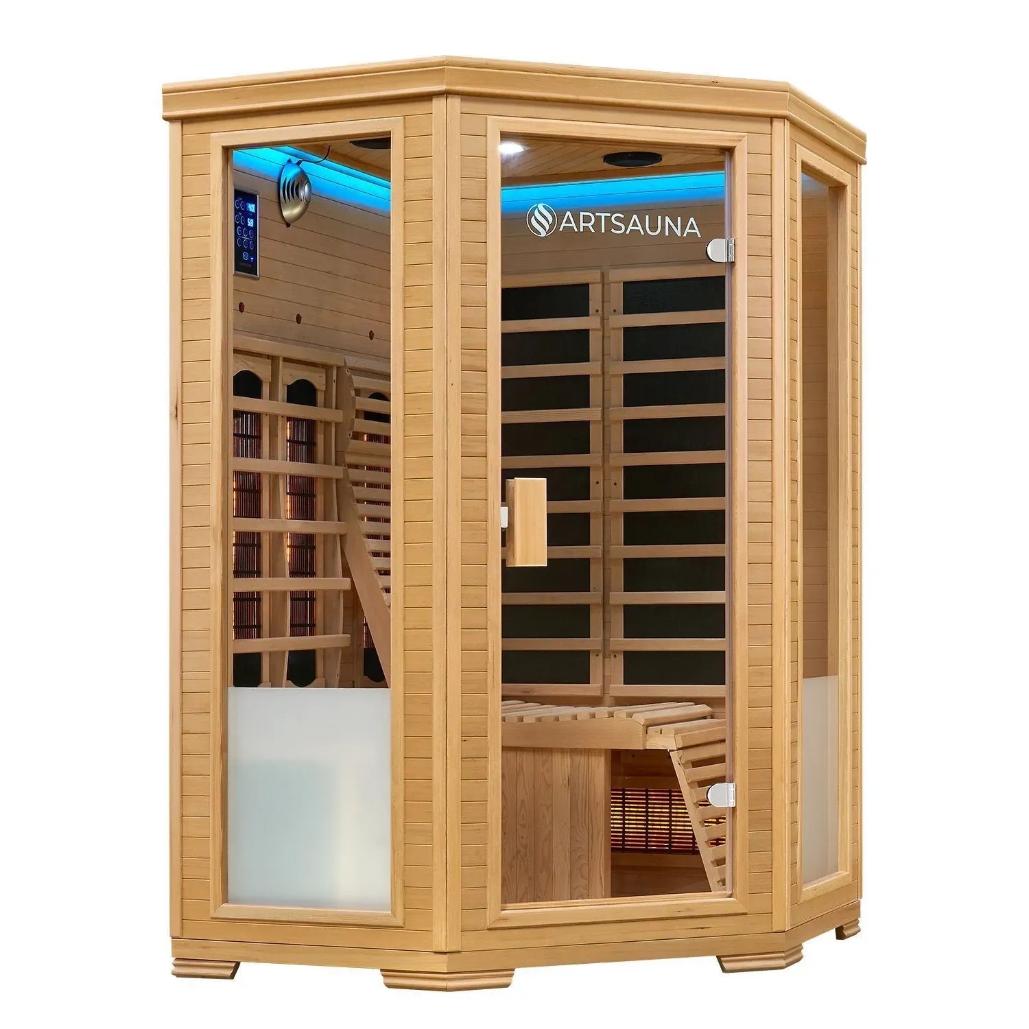 Artsauna Infrarotkabine Aalborg aus Hemlockholz mit Glasfront und LED-Beleuchtung.