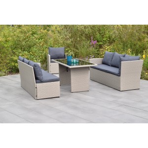 Merxx Lanzarote Garteneck-Set mit grauen Kissen und Tisch mit Glasplatte.
