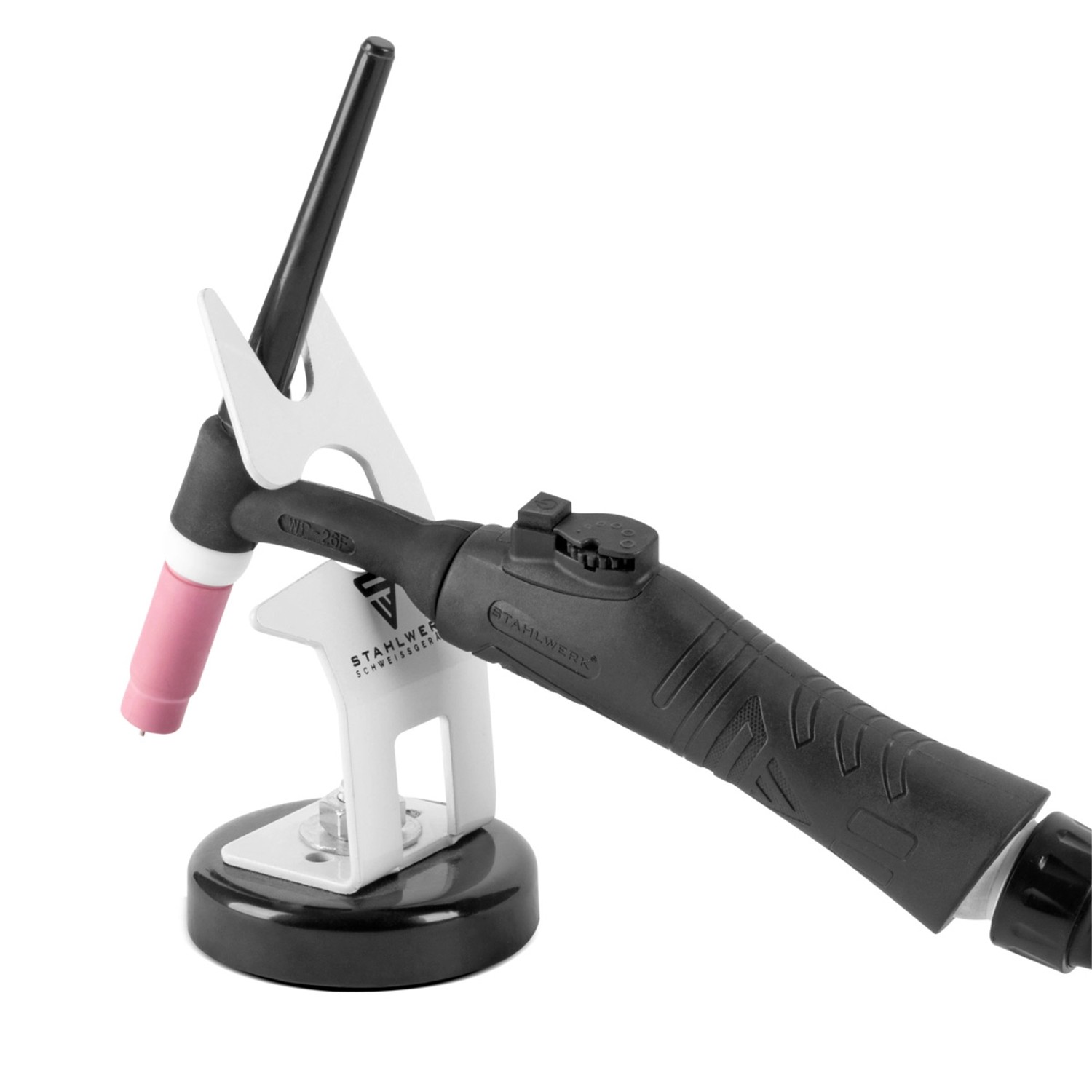 STAHLWERK Schweißbrennerhalterung mit Magnetfuß, weiß. Zubehör für WIG-, MIG- und Plasmaschweißgeräte.