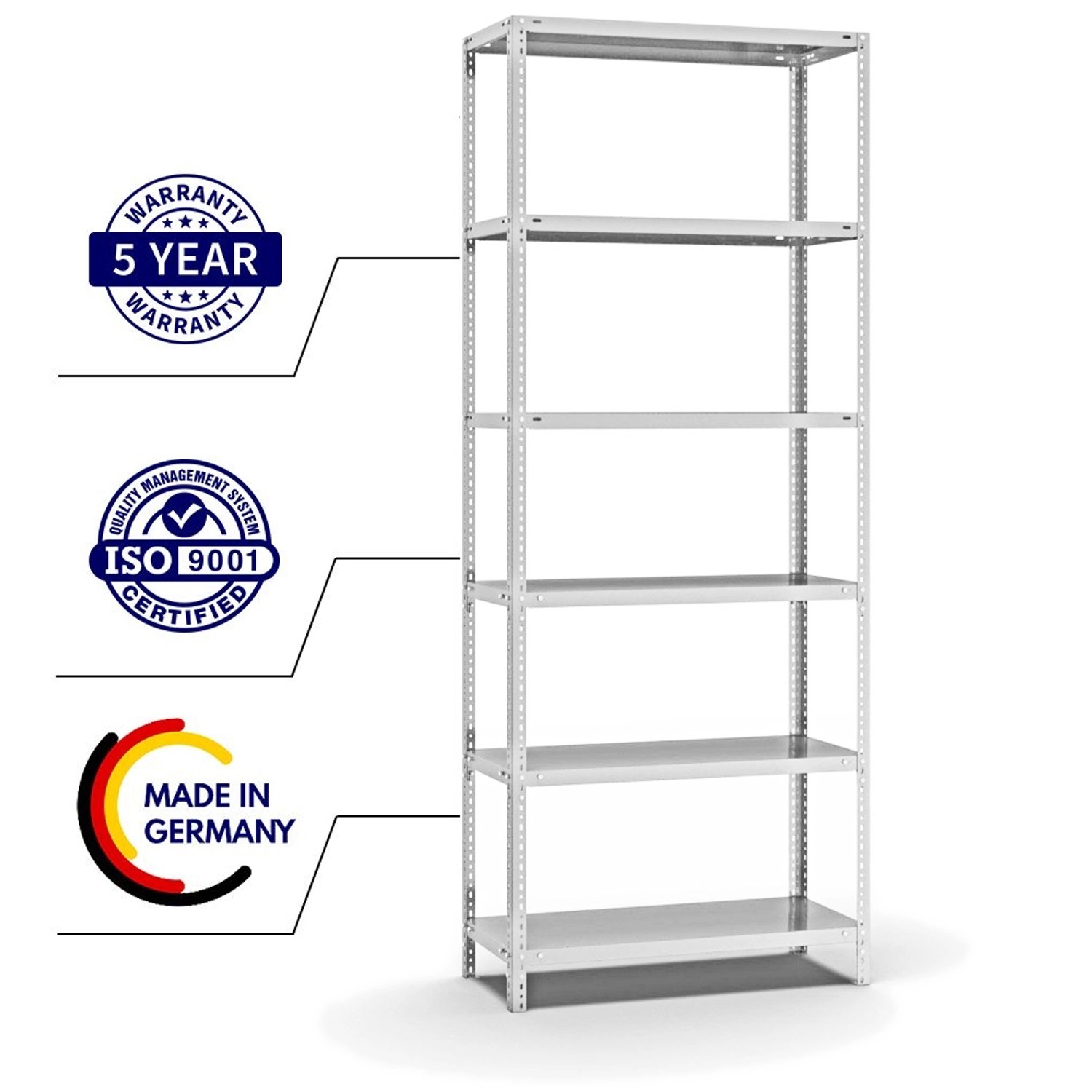 Lichtgraues PROREGAL Fachbodenregal mit 6 Ebenen, beidseitig nutzbar, ideal für Lager und Werkstatt.