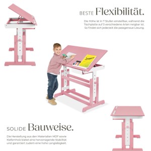 Pinker Tectake Schreibtisch, höhenverstellbar und neigbar, mit Schublade. Ideal für Kinder.