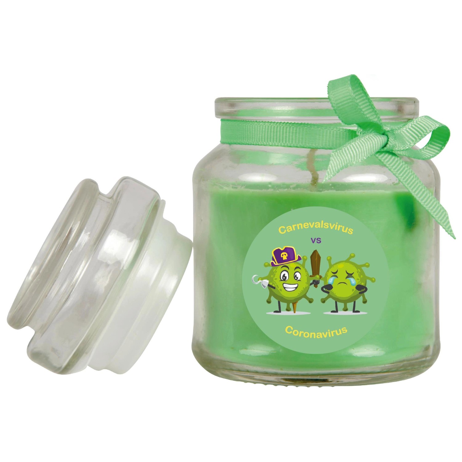 Grüne HS Candle Duftkerze im Glas mit Karneval-Motiv und geöffnetem Deckel.