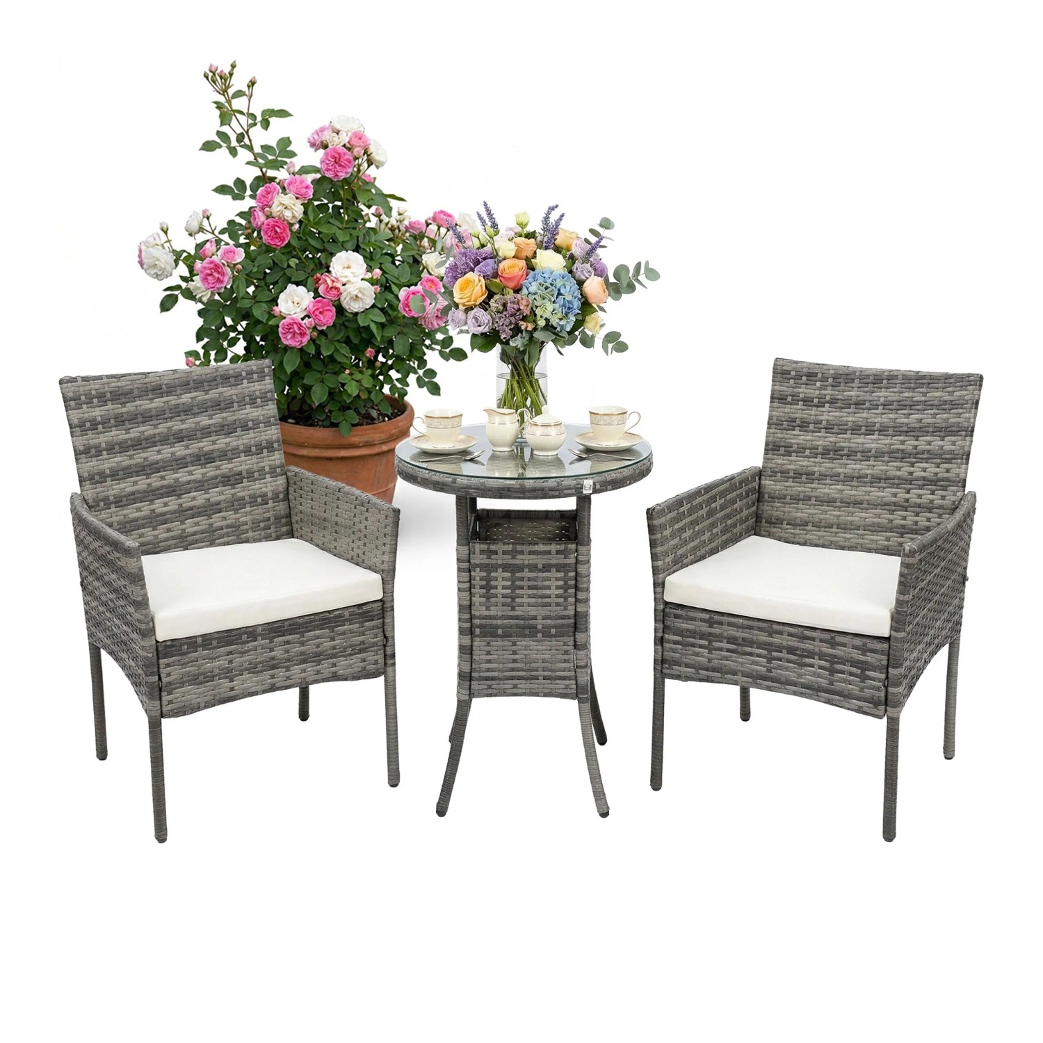 Relaxdays Gartenmöbel Set Polyrattan Grau 3-teilig für 2 Personen mit Glasplatte