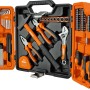 Geöffneter OBI Werkzeugkoffer (62-teilig) mit Hammer, Zangen, Schraubenschlüssel und weiterem Werkzeug.