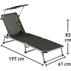Anthrazitfarbene Sonnenliege mit Sonnendach, Aluminiumrahmen und Textilbezug. Ideal für Garten und Balkon.