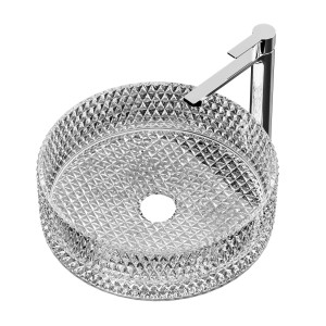 Rundes Emke Aufsatzwaschbecken aus Klarglas mit Armatur, 36x36 cm, für Bad und Gäste-WC.