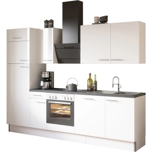 Weiße Optifit Küchenzeile Optikoncept Rurik 270 cm mit Einbaugeräten und dunkler Arbeitsplatte.