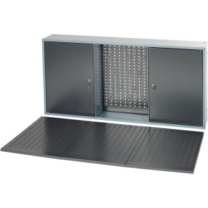 Grauer Hängeschrank (1200 mm) mit 2 Türen, Lochwand und Einlegeböden für Werkzeug.