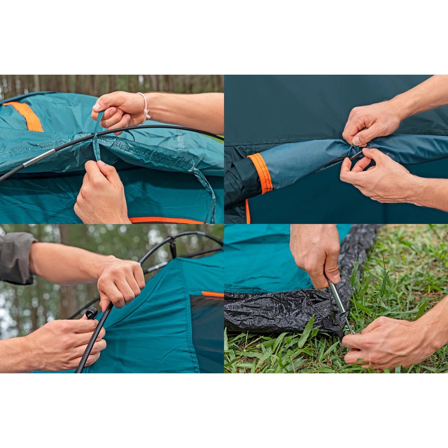 Aufbau des Bestway Alpine Dome Zeltes für 4 Personen, Details zu Zeltstangen und Befestigung.