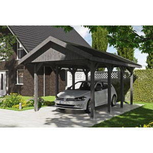 Satteldach-Carport Wallgau in Schiefergrau mit schwarzen Dachschindeln und Auto.