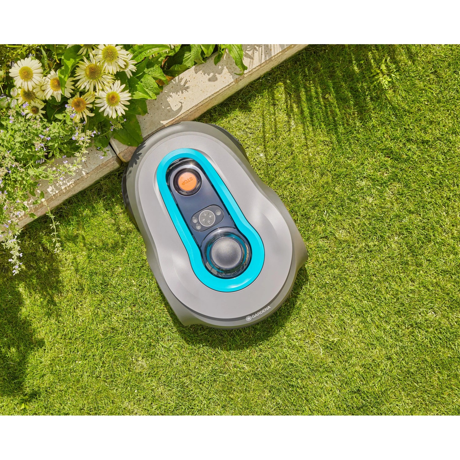 Gardena Mähroboter Sileno Smart Free 600 auf Rasen neben Blumenbeet.
