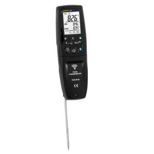 Schwarzes PCE Instruments Digitalthermometer IR 90 mit Temperaturanzeige und Einstechfühler.