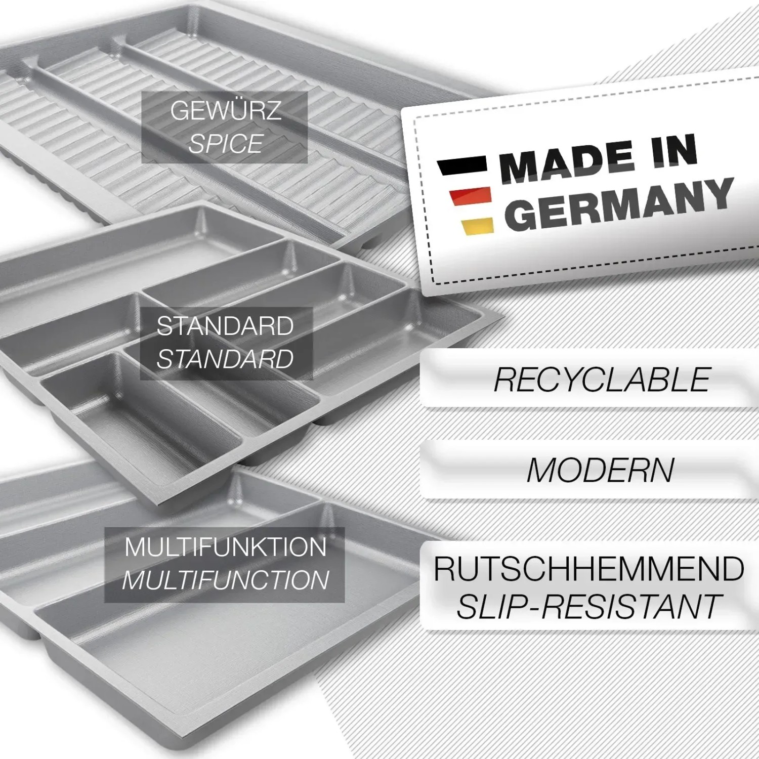 SOTECH ORGA-BOX-3 silbergraue Besteckeinsätze. Modulare Schubladeneinsätze für Küchen-Ordnungssysteme, rutschhemmend, Made in Germany.