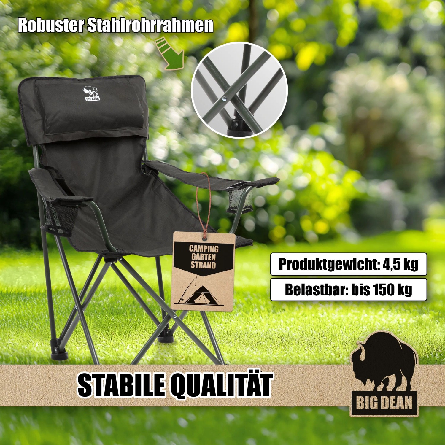 BigDean Luxus Campingstuhl Faltbar Extra Groß 150 KG Belastbar Stabil Und Bequem_6
