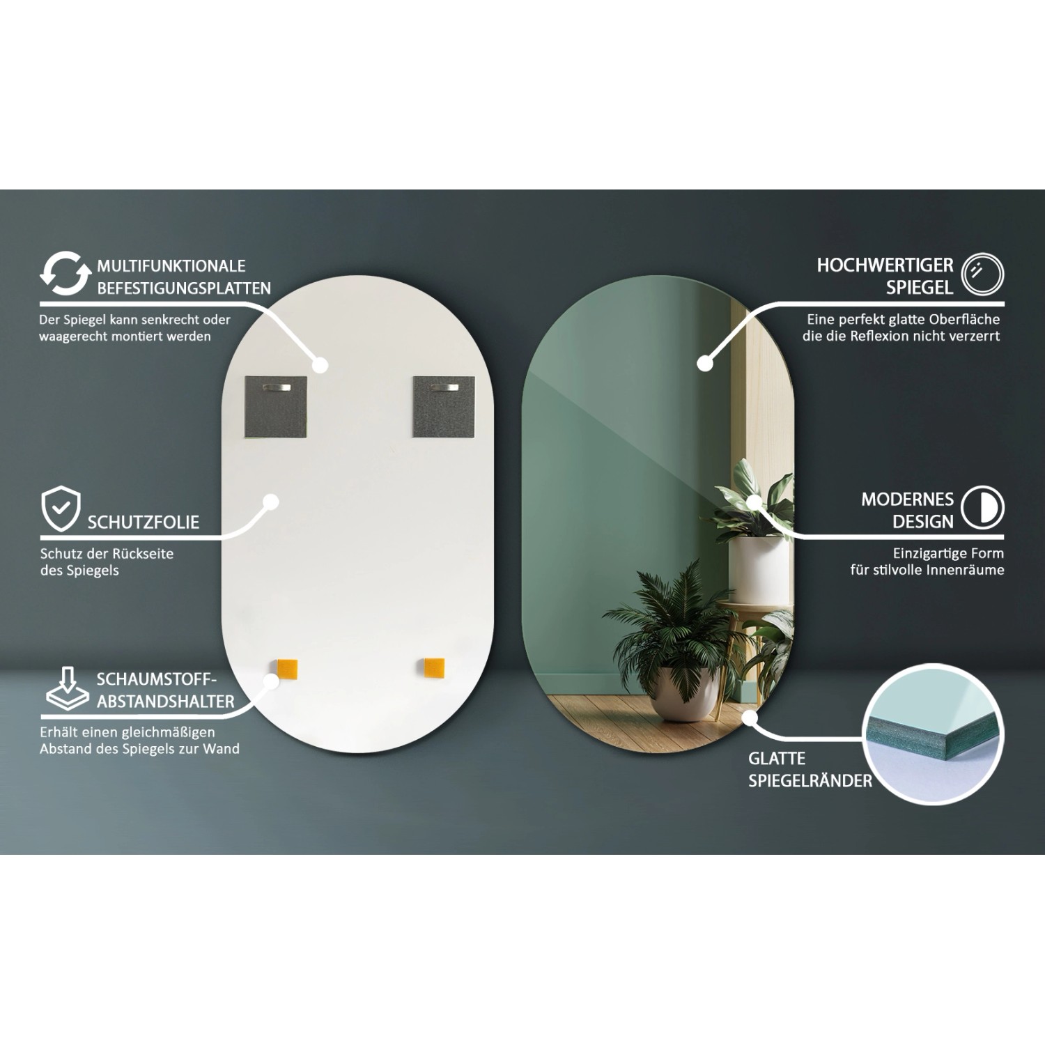 Tulup Wandspiegel Ovaler Spiegel 46x80 cm Spiegel Oval Ohne Rahmen Minimalistischer Ovaler Spiegel Ovaler Spiegel Badezimmer_2