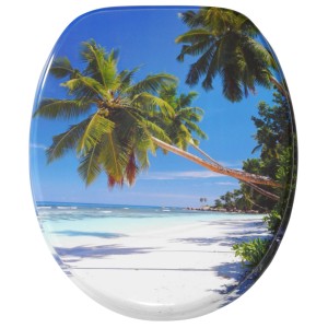 Sanilo WC-Sitz Karibik: Toilettendeckel aus Holz mit Strand- und Palmen-Motiv.