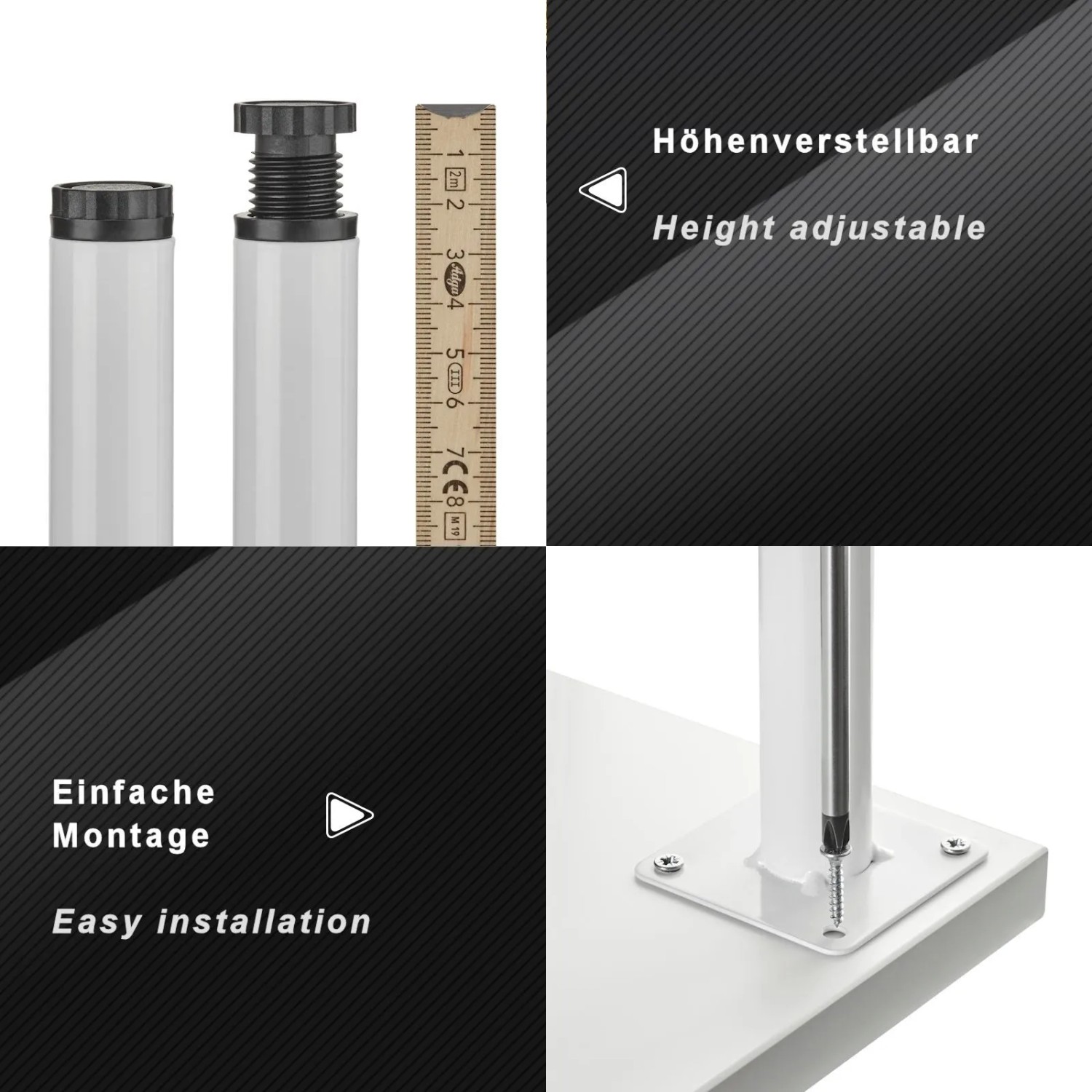 SOTECH Möbelfuß LIMA D25x150 weiß matt, höhenverstellbar. Zeigt Verstellfunktion und einfache Montage des Möbelbeins.