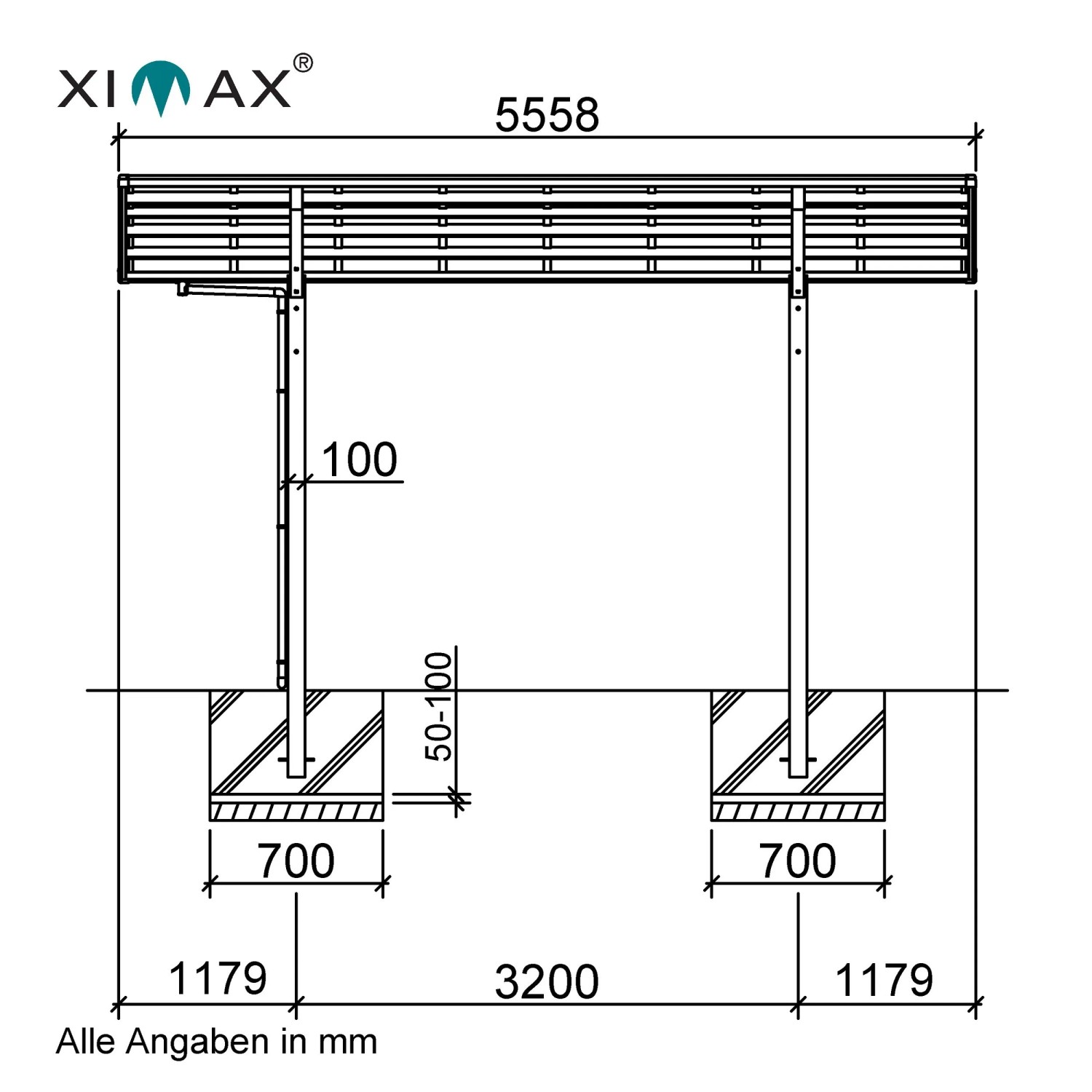 Technische Zeichnung Ximax Alu Carport Portoforte Typ 80: Maße und Details zur Sonderfertigung.