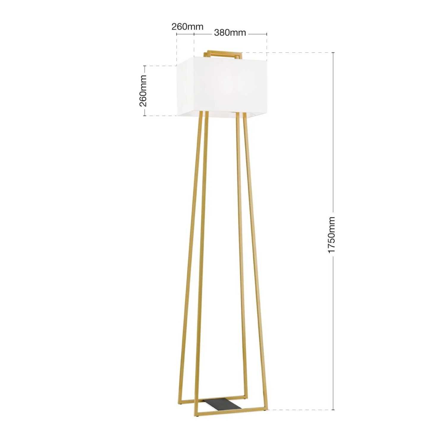 Elegante goldene Stehleuchte Gordi mit weißem Stoffschirm, 175cm hoch. Design-Stehlampe für Wohnräume.