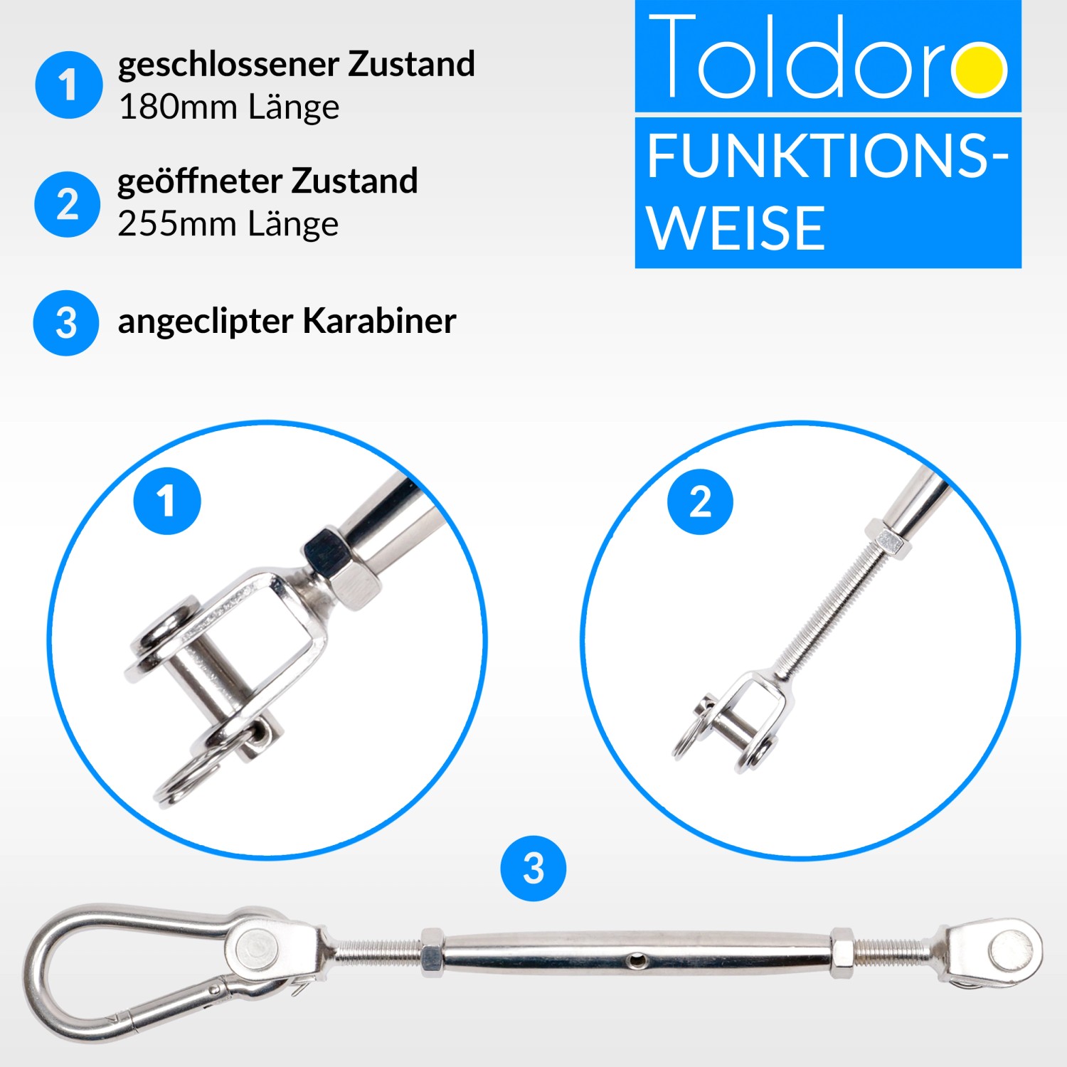 Toldoro Sonnensegelspanner Set: M8 Wantenspanner, Karabinerhaken 80mm aus Edelstahl, verschiedene Spannzustände.
