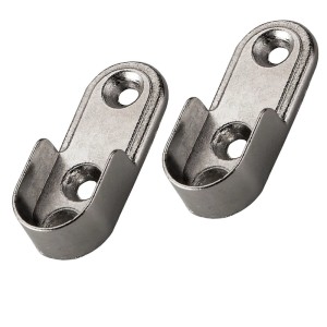 Zwei silberne SOTECH Kleiderstangenlager für ovale Schrankrohre, Seitenbefestigung. Metall-Halterungen für Schränke.