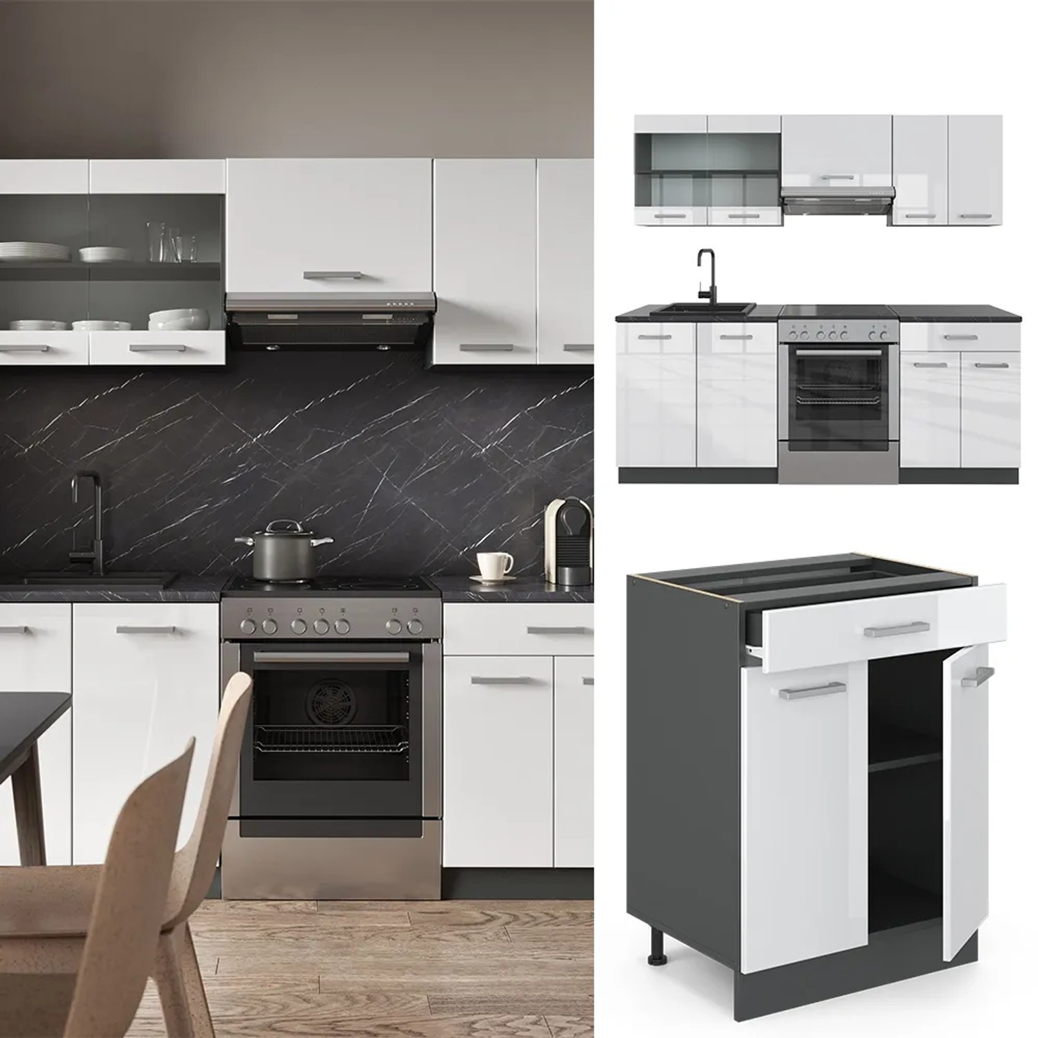 Vicco R-Line Küchenzeile, 200 cm, Weiß Hochglanz/Anthrazit, ohne Arbeitsplatte.