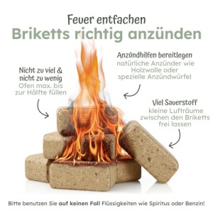Holzbriketts richtig anzünden: Tipps zum Anfeuern im Kaminofen. Brennstoffe sicher verwenden.