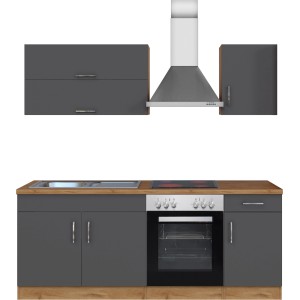 Moderne Küchenzeile Sorrento, 210 cm, Anthrazit und Wotaneiche mit Spüle, Herd und Dunstabzugshaube.