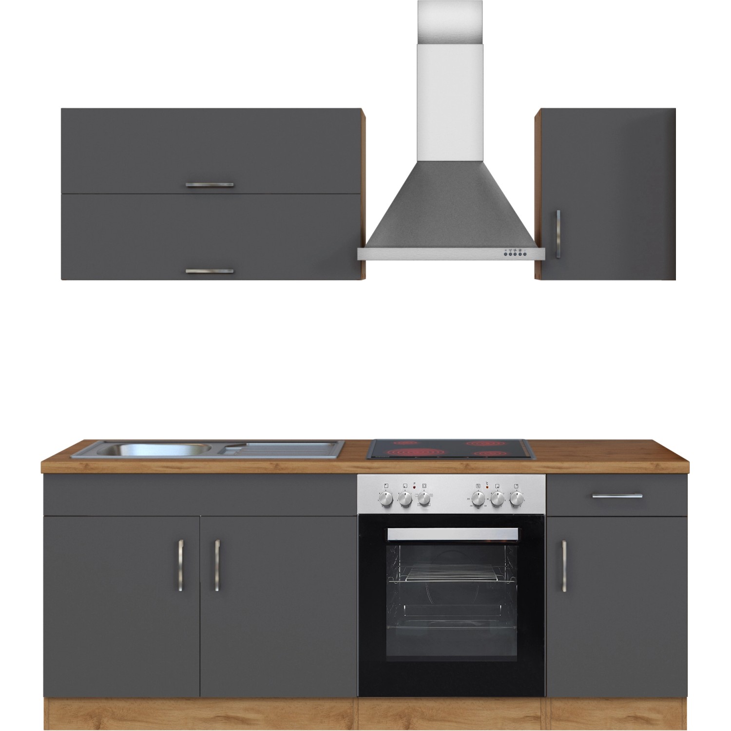 Moderne Küchenzeile Sorrento, 210 cm, Anthrazit und Wotaneiche mit Spüle, Herd und Dunstabzugshaube.