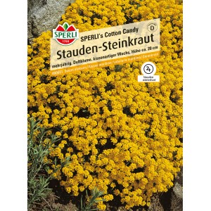Samenpackung Sperli Stauden-Steinkraut 'Cotton Candy Gelb' mit gelben Blüten.