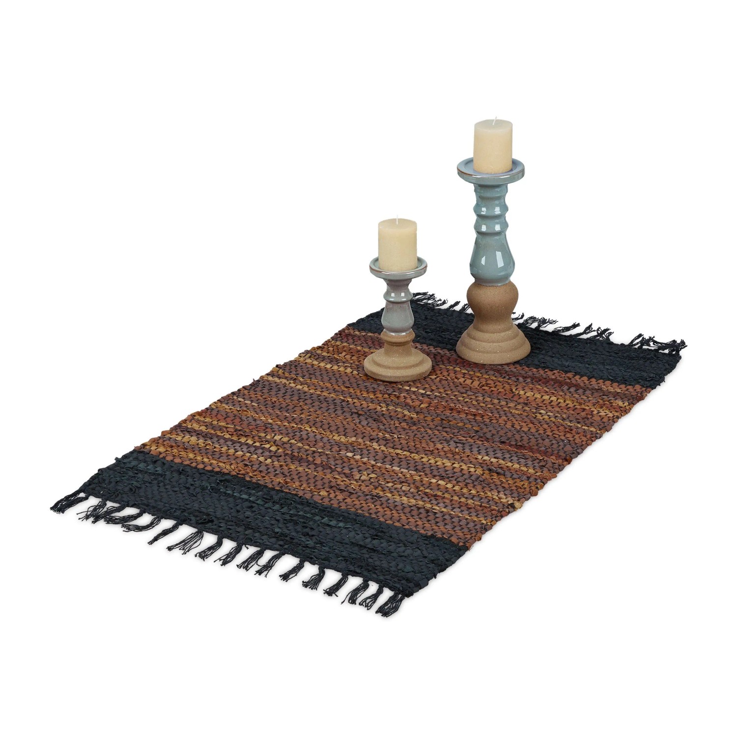 Relaxdays Flickenteppich Baumwolle Leder Braun Rutschfest 60 cm x 110 cm 1 kg
