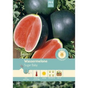 Pabst Keimkraft Sugar Baby Wassermelonen: dunkelgrün, eine halbiert mit saftig-rotem Fruchtfleisch. Gemüsesamen.