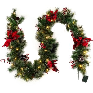 Costway Weihnachtsgirlande mit 50 Leds Warmweiß 270cm & Roten Blumen