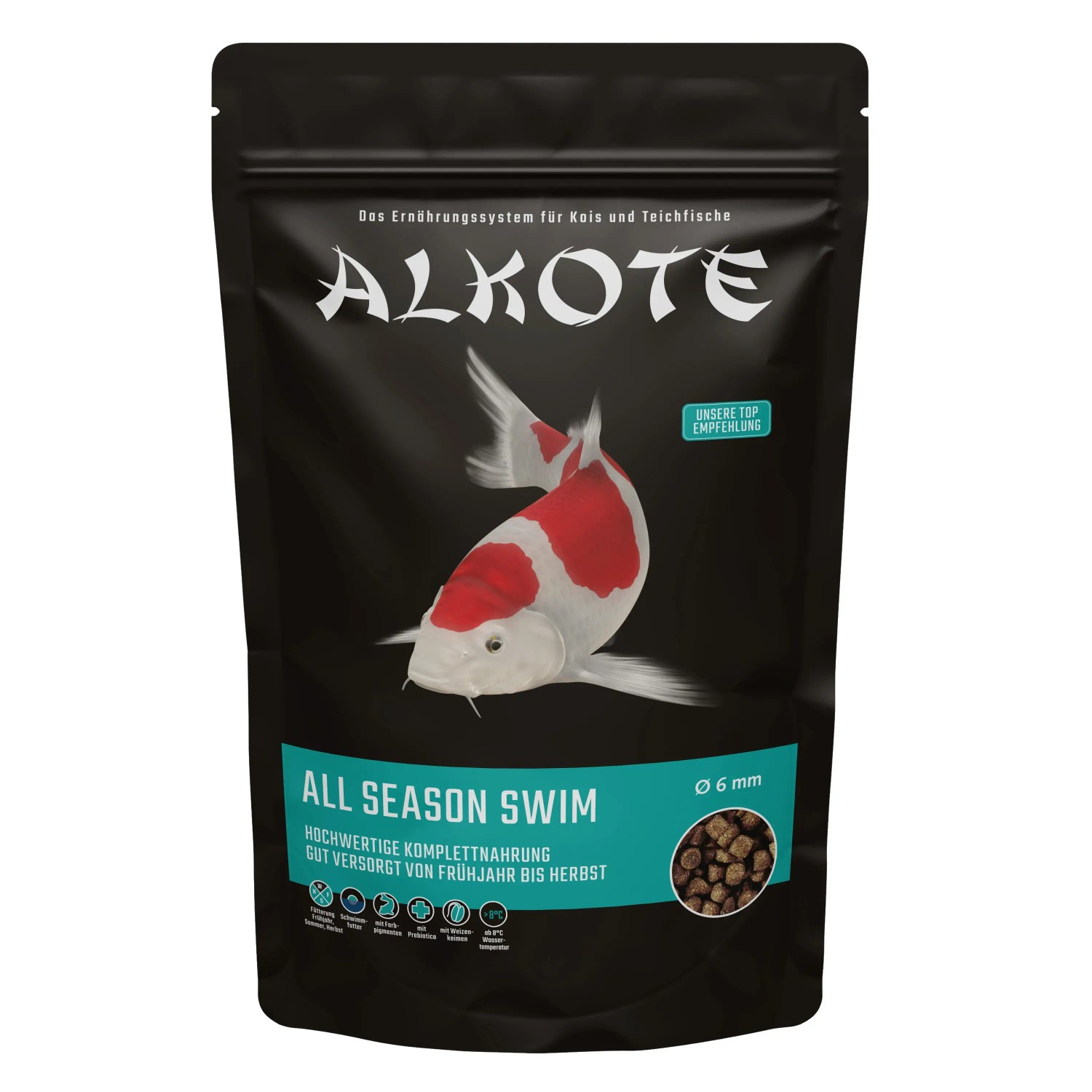 Alkote Fischfutter All Season swim 6 mm, 500 g. Hauptfutter für Koi mit Farbpigmenten.