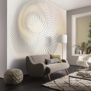 Wohnraum mit Bricoflor 3D Tapete Futuristisch Geometrisch in Weiß und Gold.