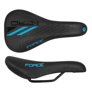 Force Hero Fahrradsattel für Kinderfahrrad (20-24 Zoll), schwarz mit blauen Akzenten.