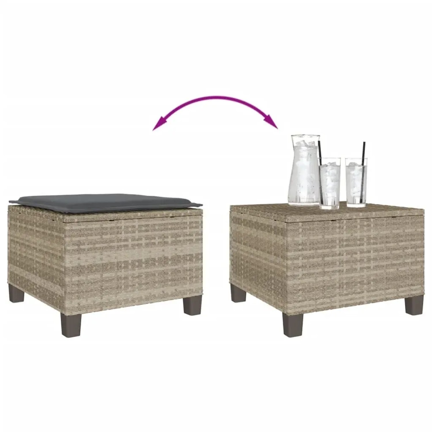 vidaXL Bistro-Set: Hocker/Tisch hellgrau Poly Rattan, mit Kissen. Flexibel als Sitz oder Tisch nutzbar.