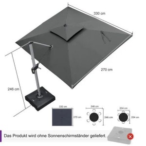 Rechteckiger, grauer PURPLE LEAF Ampelschirm 270x330 cm mit Doppeldach für den Außenbereich.