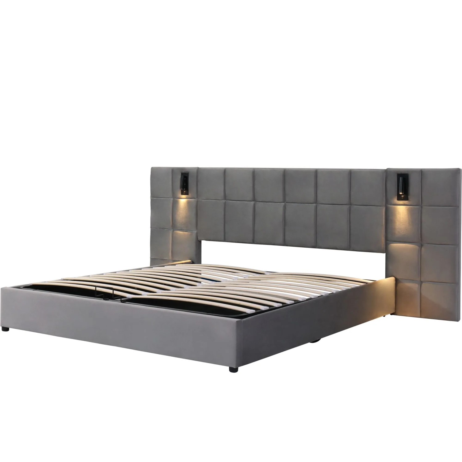 Merax Polsterbett 180 x 200 cm mit Stauraum USB Leselampe Samt Grau