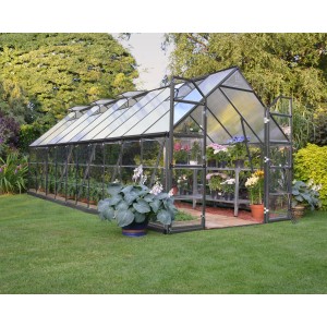 Palram Canopia Gewächshaus, 14,8 m², grau, mit Fundamentrahmen. Begehbares Gartenhaus für Pflanzenzucht.