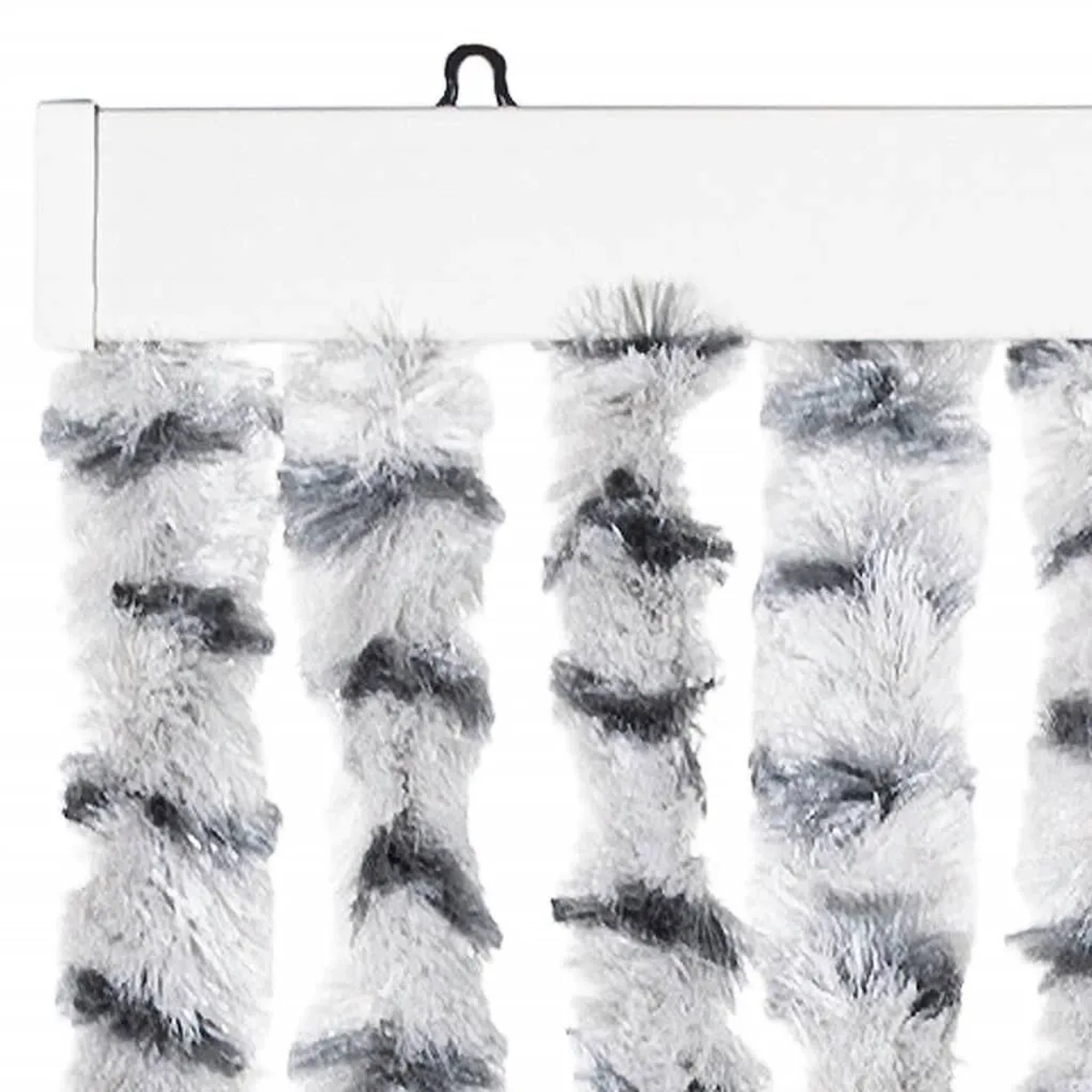 Flauschiger Chenille Insektenschutz-Vorhang in Hell- und Dunkelgrau mit weißer Montageschiene.